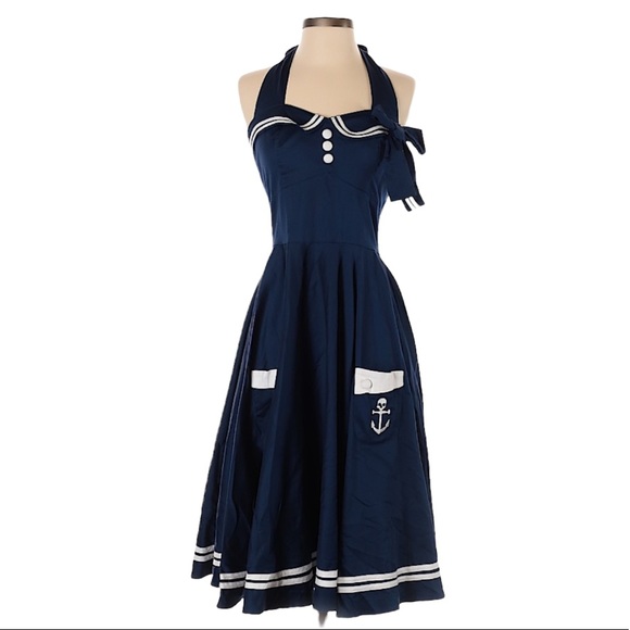Hell Bunny Vixen Nautical Sailor Navy Blue Pinup Dress - Picture 2 of 3